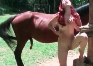 Ginger whore is ready for fucking with a horse