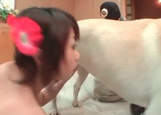 Asian model loves playing with a puppy