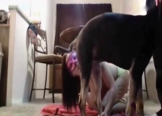 Playful brunette is enjoying dick-sucking with her dog